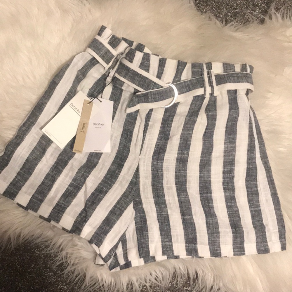 Bershka Linen Striped Paperbag Shorts